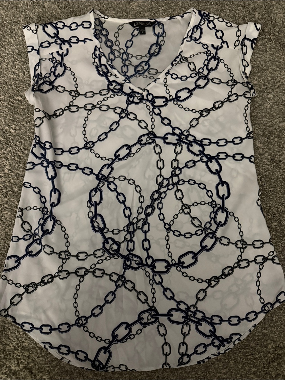 Express White & Navy Chain-Print Cap Sleeve Blouse